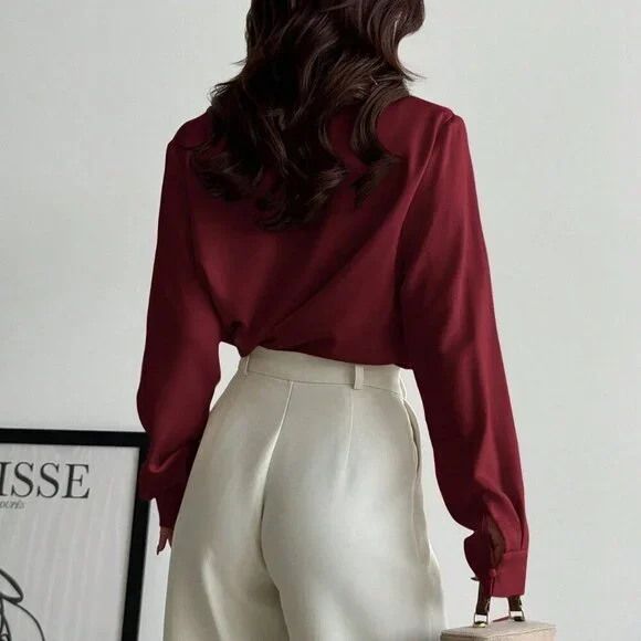 Burgundy Minimalist Women's 0vowl neck Long Sleeve Shirt - Picture 2 of 7